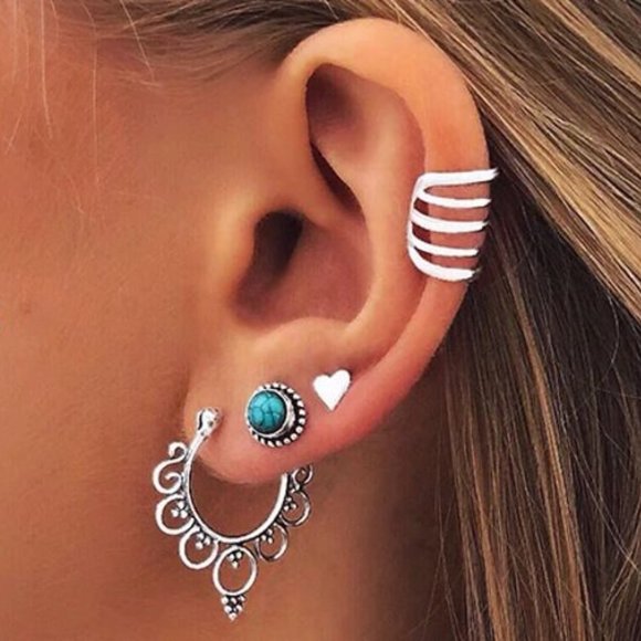 unbranded Jewelry - Boho Earrings Faux Turquoise Silver Love 4PC Retro